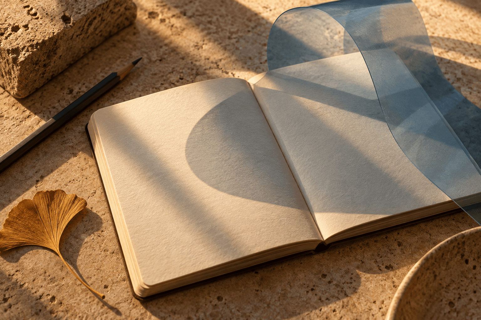 Original editorial still life of an open notebook and a curled translucent sheet in afternoon light